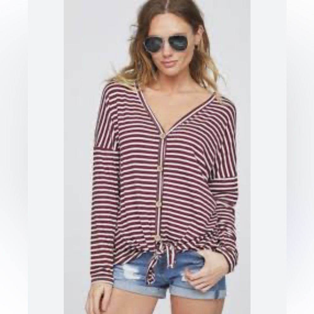 Emerald Brand Striped Tie Front Oversized Top Size Large